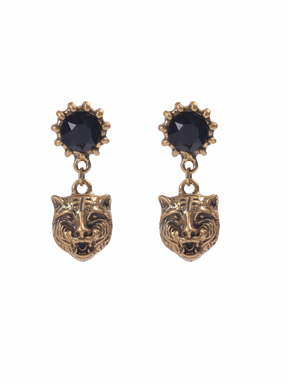 Gold Tiger Head Dangle Earrings with Black Gem with 925s silver posts